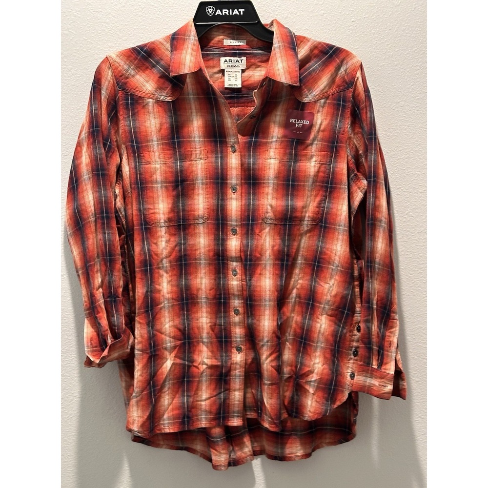 Ariat Real Relaxed Fit Plaid Western Button Down Shirt Orange Navy XL